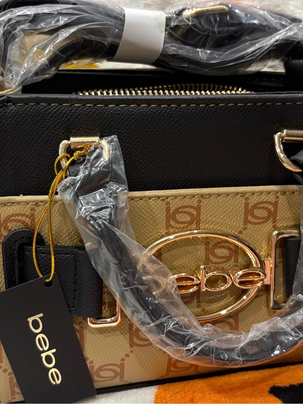 bebe Two-Tone Mini Satchel in Beige and Black with Gold Hardware - Picture 2 of 5